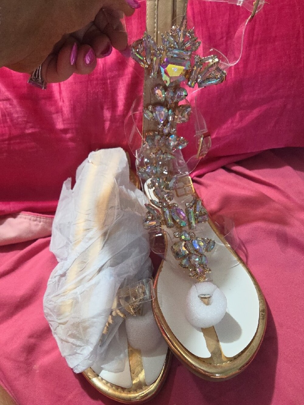 Crystal-Embellished Clear Strap Roman Sandals - Pink by Fashion Nova - Picture 2 of 4